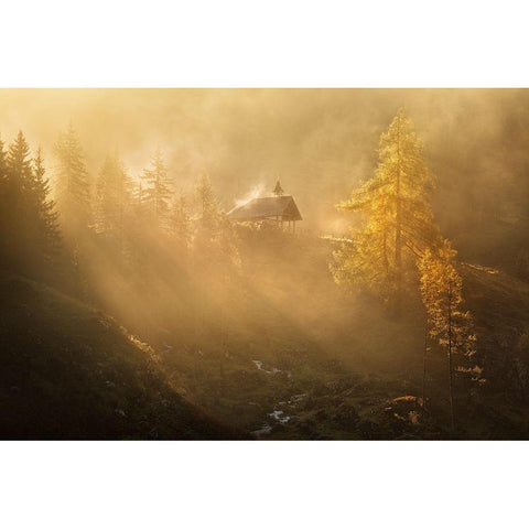 Alpine Church In The Morning Fog Gold Ornate Wood Framed Art Print with Double Matting by Rericha, Daniel