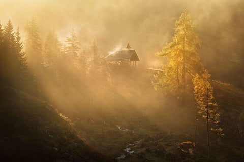 Alpine Church In The Morning Fog Black Ornate Wood Framed Art Print with Double Matting by Rericha, Daniel