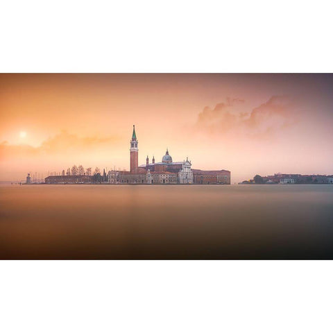 Venice Pink Sunrise White Modern Wood Framed Art Print by Joanaduenas