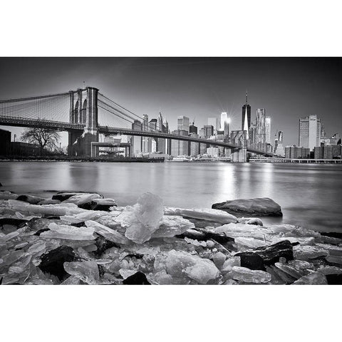 New York - Brooklyn Bridge Gold Ornate Wood Framed Art Print with Double Matting by Froyda, Martin