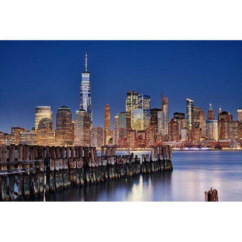Manhattan Skyline At Night Black Modern Wood Framed Art Print by Froyda, Martin