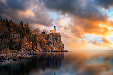 A Cloudy Day At Split Rock Lighthouse Black Ornate Wood Framed Art Print with Double Matting by He, Like