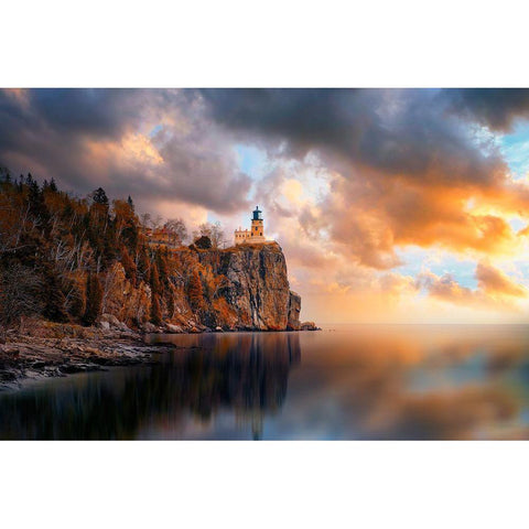 A Cloudy Day At Split Rock Lighthouse White Modern Wood Framed Art Print by He, Like