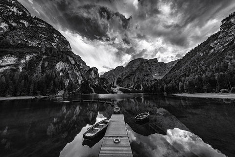 Braies Shades Of Grey Black Ornate Wood Framed Art Print with Double Matting by Tagliarino, Marco