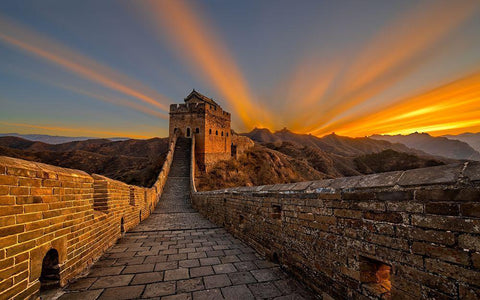 Great Wall Sunrise White Modern Wood Framed Art Print with Double Matting by Zhu, Hua