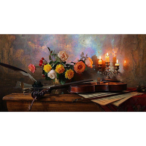 Still Life With Violin And Flowers White Modern Wood Framed Art Print by Morozov, Andrey