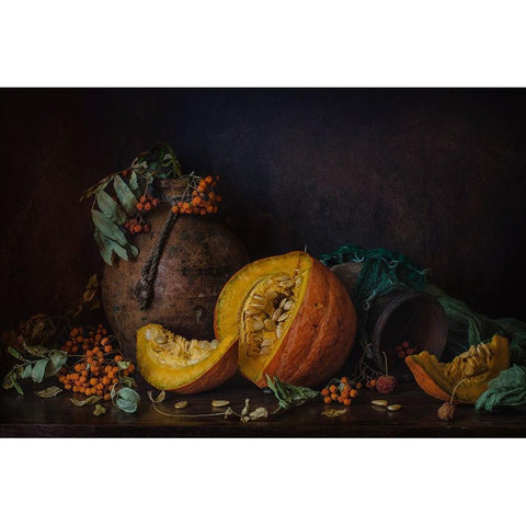 Pumpkin And Rowan Gold Ornate Wood Framed Art Print with Double Matting by Petina, Anna