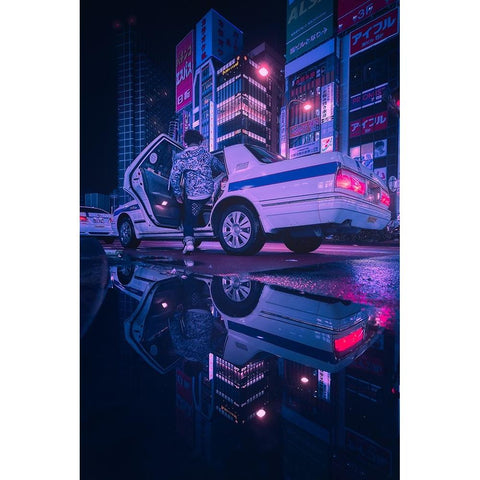 Tokyo Blue Rain Gold Ornate Wood Framed Art Print with Double Matting by De La, Javier