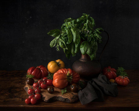 Still Life With Tomatoes And Basil Black Ornate Wood Framed Art Print with Double Matting by Popescu, Diana