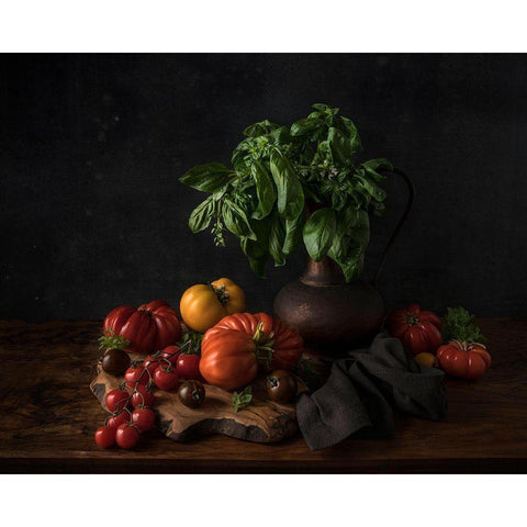 Still Life With Tomatoes And Basil Black Modern Wood Framed Art Print with Double Matting by Popescu, Diana