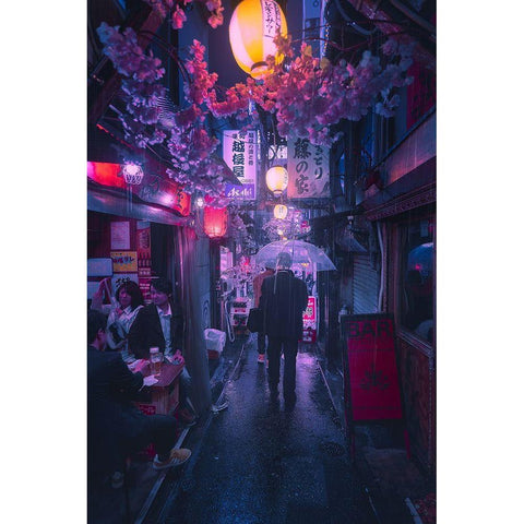 Tokyo Blue Rain Black Modern Wood Framed Art Print with Double Matting by De La, Javier