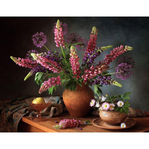 Still Life With A Bouquet Of Lupine Black Modern Wood Framed Art Print by Skorokhod, Tatyana