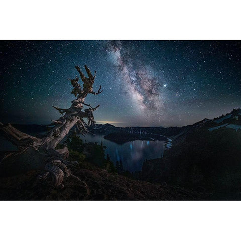 Milky Way Over Crater Lake White Modern Wood Framed Art Print by Jacobs, Lydia