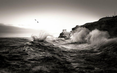 Waves White Modern Wood Framed Art Print with Double Matting by Deng, Larry