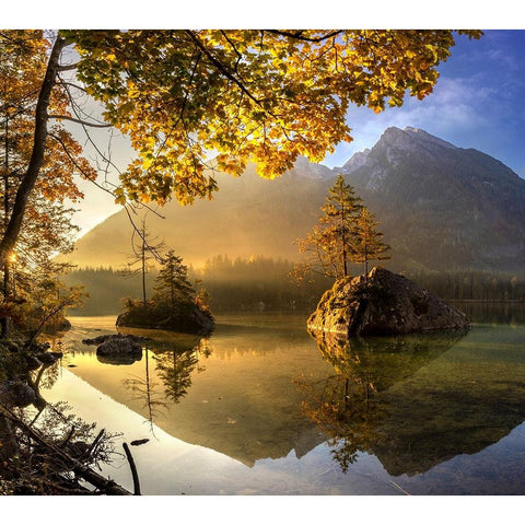 Lake Hintersee Gold Ornate Wood Framed Art Print with Double Matting by Keller