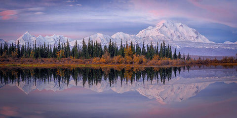 Denali Reflection White Modern Wood Framed Art Print with Double Matting by Zheng, Michael