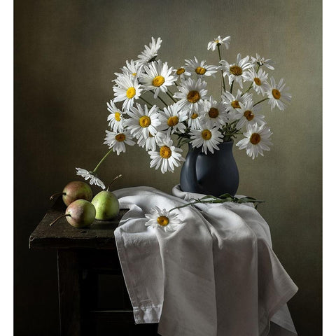 Still Life With Daisies And Pears White Modern Wood Framed Art Print by Aleksandrovna, Olga