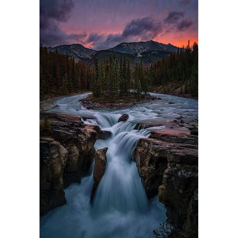 Sunrise At Sunwapta Falls Black Modern Wood Framed Art Print with Double Matting by Jacobs, Lydia