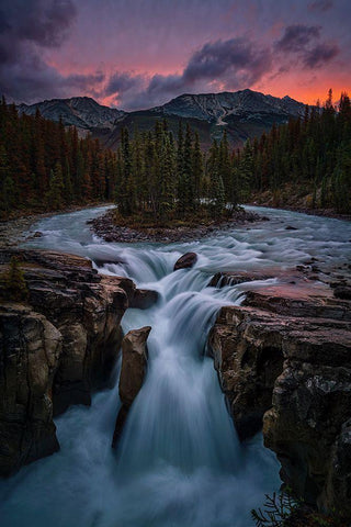 Sunrise At Sunwapta Falls White Modern Wood Framed Art Print with Double Matting by Jacobs, Lydia