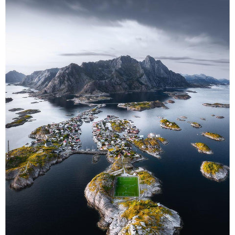 Football Stadium At The End Of The World Black Modern Wood Framed Art Print with Double Matting by Ye