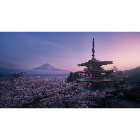 Mt Fuji Sakura Gold Ornate Wood Framed Art Print with Double Matting by De La, Javier