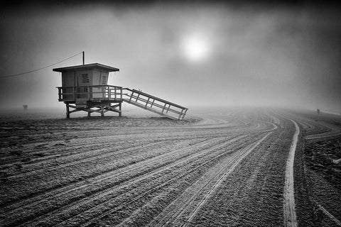 Fog On The Beach - Santa Monica-California White Modern Wood Framed Art Print with Double Matting by Froyda, Martin