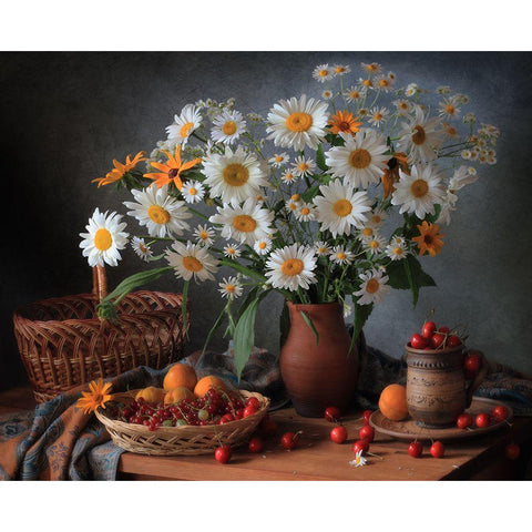 Still Life With A Bouquet Of Daisies Gold Ornate Wood Framed Art Print with Double Matting by Skorokhod, Tatyana