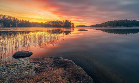 Vacttern Lake ,Before Sunrise -Sweden. White Modern Wood Framed Art Print with Double Matting by Calpagiu, Anton