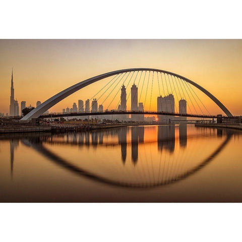 Sunrise At The Dubai Water Canal White Modern Wood Framed Art Print by Shamaa, Mohammed