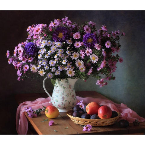 Still Life With A Bouquet Of Chrysanthemums And Fruits White Modern Wood Framed Art Print by Skorokhod, Tatyana