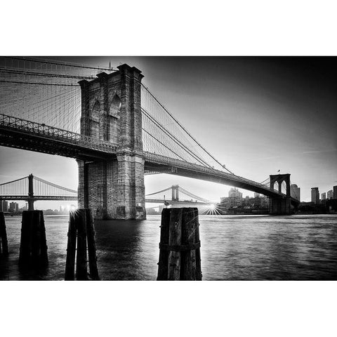 Brooklyn Bridge - Sunrise Black Modern Wood Framed Art Print with Double Matting by Froyda, Martin