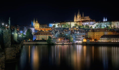 Prague At Night Black Ornate Wood Framed Art Print with Double Matting by Osuna, Fran