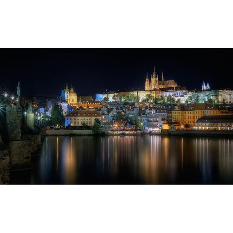 Prague At Night White Modern Wood Framed Art Print by Osuna, Fran