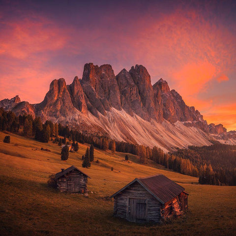 Cabins In The Dolomites White Modern Wood Framed Art Print by Penta, Federico