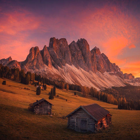 Cabins In The Dolomites Black Ornate Wood Framed Art Print with Double Matting by Penta, Federico