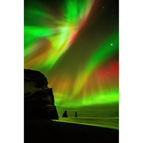 The Northern Lights Are Reflecting In The Ocean Black Modern Wood Framed Art Print with Double Matting by Simon, Petr