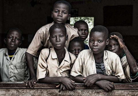 Boys At School In Benin White Modern Wood Framed Art Print with Double Matting by Inazio Kuesta, Joxe