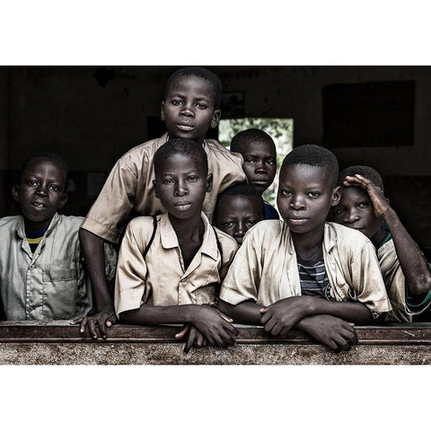 Boys At School In Benin White Modern Wood Framed Art Print by Inazio Kuesta, Joxe