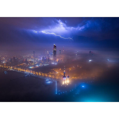 Fog And Lightning In Kuwait City Black Modern Wood Framed Art Print with Double Matting by Alnomas, Faisal
