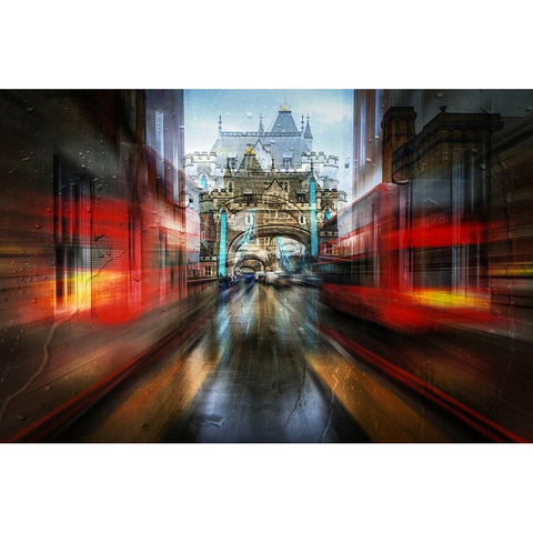 The Red Bus Gold Ornate Wood Framed Art Print with Double Matting by W., Orkidea