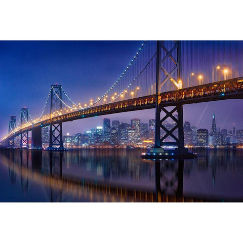 Urban Illusion: The Bay Bridge Black Modern Wood Framed Art Print with Double Matting by Zheng, Michael