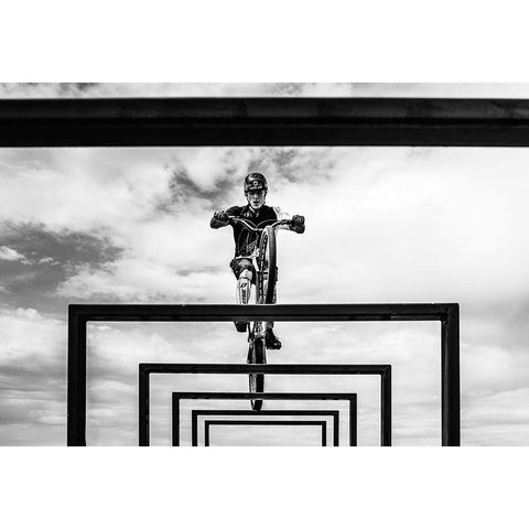 Trial Biker White Modern Wood Framed Art Print by SZABO, ATTILA