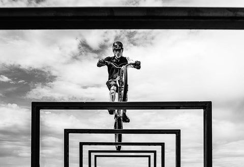 Trial Biker White Modern Wood Framed Art Print with Double Matting by SZABO, ATTILA