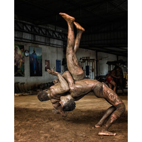 Indian Wrestling White Modern Wood Framed Art Print by Grover, Manik