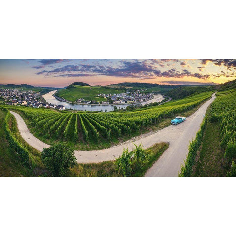 Hamm / Konz - Moselschleife With Chevy Bel Air White Modern Wood Framed Art Print by Claude Castor, Jean