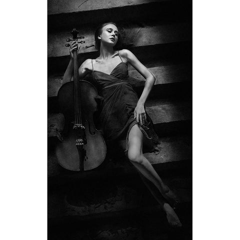 The Cellist Black Modern Wood Framed Art Print with Double Matting by Kisworo, Sebastian