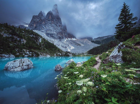 Veneto - Lago Di Sorapis Panorama White Modern Wood Framed Art Print with Double Matting by Claude Castor, Jean