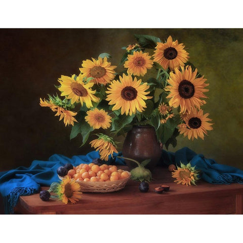 Still Life With Sunflowers And Plums Gold Ornate Wood Framed Art Print with Double Matting by Skorokhod, Tatyana