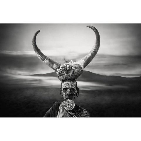 Horns Mursi Black Modern Wood Framed Art Print with Double Matting by Yosifov, Svetlin