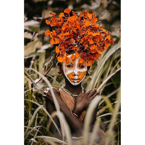 Suri Boy And Flowers White Modern Wood Framed Art Print by Vidak, Vedran